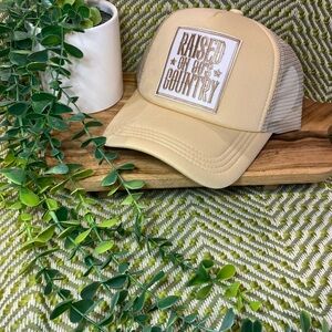 Tan Trucker Hat with Raised on God's Country Patch